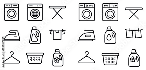 Laundry icons with washer iron hanger outline