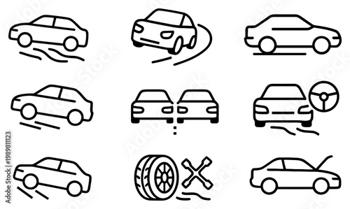 Driving icons with car tire steering wheel minimal