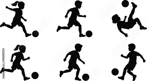 Collection of kids soccer player silhouettes in action poses, dribbling kicking and playing football isolated vector illustration