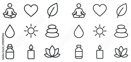 Wellness icons with yoga heart leaf outline