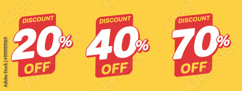 Set of discount label vector illustration, special offer sale banners with percentage off tags 20% 40% 70% discount sticker design elements for retail promotion