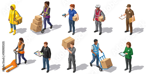 Delivery service workers team collection | professional logistics staff members set | shipping crew in varied work uniforms | isometric vector style