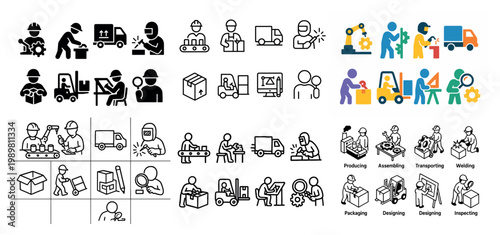 Manufacturing icons with worker truck box outline