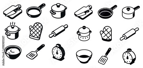 Kitchen icons with pot pan cutting board outline