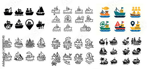 Various boat icons in different styles and colors