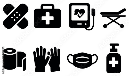 Healthcare icons with bandage kit monitor flat