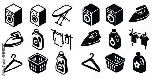 Laundry icons with washer iron hanger minimal