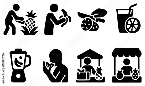 Fruit market icons with pineapple banana juice flat