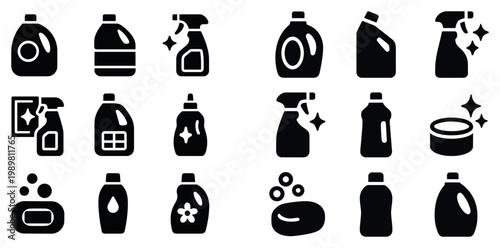 Household icons with bottle spray soap minimal