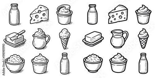 Dairy icons with milk cheese butter outline