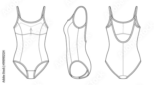 Dance Leotard Performance Technical Drawing,  Gymnastics Bodysuit Sportswear Multi-View Line Art Vector
