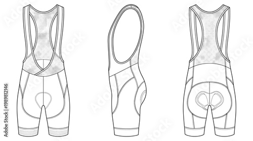 Cycling Bib Shorts Sportswear Technical Drawing, Performance Biking Gear Multi-View Line Art Vector