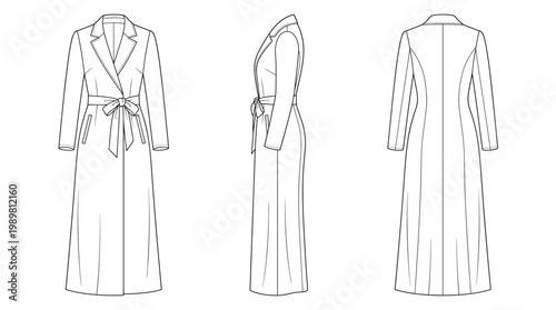Dressing Gown Fashion Technical Drawing, Luxury Loungewear Spa Robe Multi-View Line Art Vector