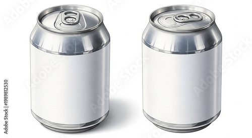 Two silver aluminum beverage cans with blank labels white