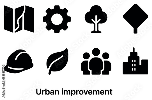 Urban icons with map tree gear minimal