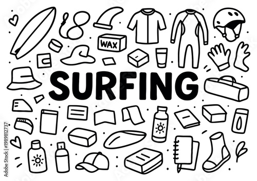 Surfing icons with board wetsuit helmet outline