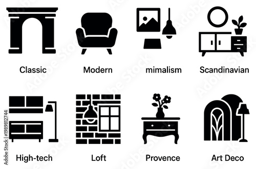 Interior icons with chair lamp table flat