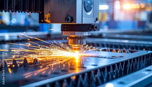 High Precision Laser Cutting Machine Sparks Flying Brightly Metal Fabrication and Manufacturing Automation Concept.