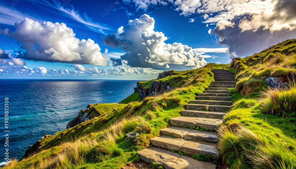 Obraz premium Coastal Stairway Leading to Horizon Scenic Ocean View with Green Cliffside and Blue Sky Puffy Clouds.