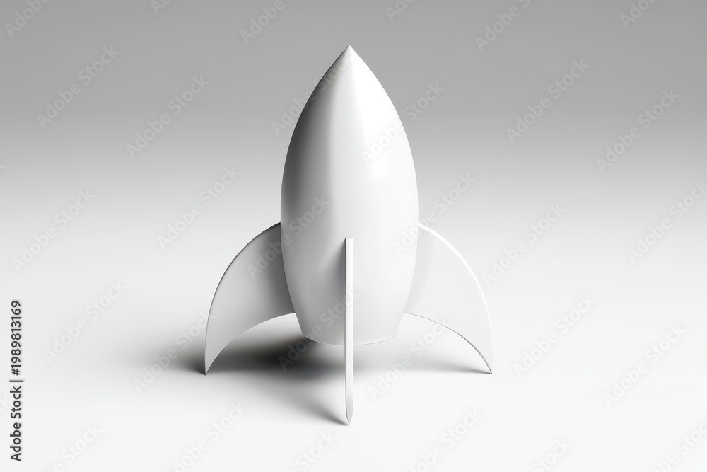 Fototapeta premium Minimalist white rocket ship on a clean studio background, symbolizing space exploration and innovation.