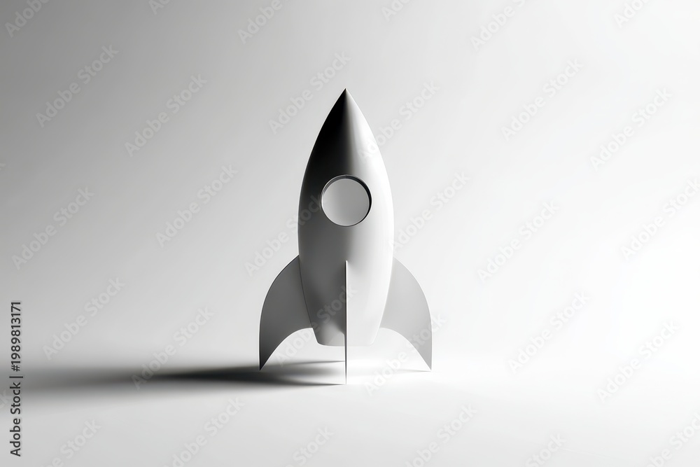 Fototapeta premium Minimalist white rocket ship with a circular window casting a shadow on a clean, bright studio background.