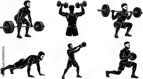 Fitness workout silhouettes set featuring athletes performing weightlifting, squats, push ups, and strength training exercises in gym environment