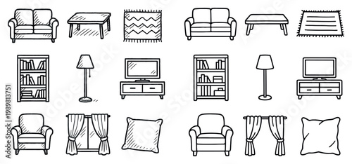 Home icons with sofa lamp bookshelf hand drawn