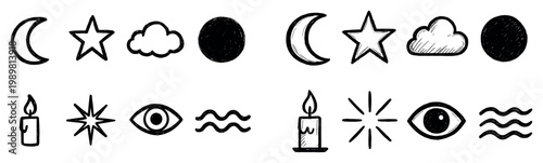 Night icons with moon star cloud candle sketch