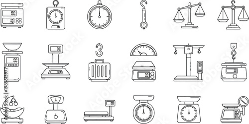 Minimalist weighing scale icon set, 18 linear vector elements for measurement, digital and analog kitchen scales, industrial balance and luggage scale icons