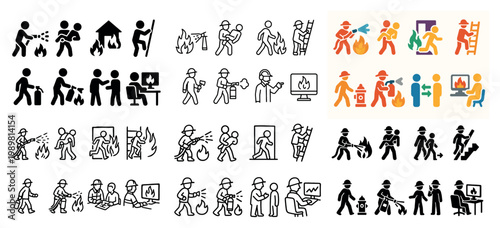 Firefighter pictograms in various actions
