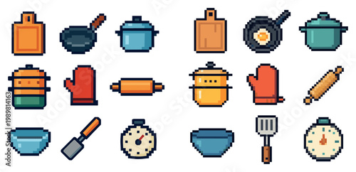 Kitchen icons with cutting board frying pan pots flat