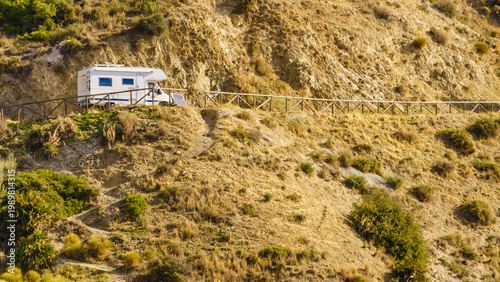 Caravan on seaside cliff, Costa del Sol, Andalusia Spain.