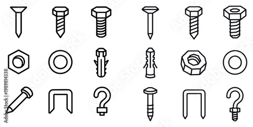 Hardware icons with screw nut bolt outline