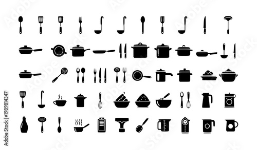 Kitchen Utensil Icon Set with Cooking Tools, Cookware and Cutlery Collection for Culinary Design, Food Preparation Graphics and Restaurant Illustration