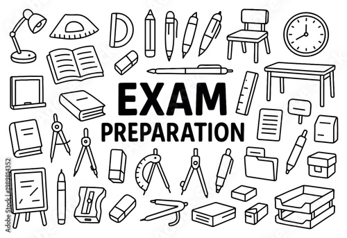 Education icons with exam tools minimal