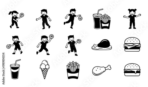Kids Activity and Fast Food Icon Set with Children Playing, Burger, Fries, Drink and Ice Cream for Lifestyle Design, Childhood Illustration and Snack Concepts