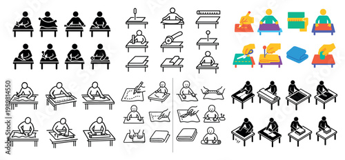 Diverse illustrations of people sewing and crafting