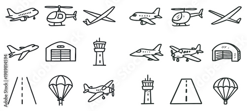 Aviation icons with airplane helicopter runway outline