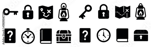 Adventure icons with key lock map flat