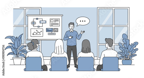 Business meeting presentation in a modern office with a speaker addressing an audience