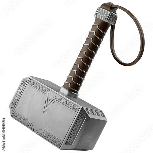 Mjolnir Thor's Hammer replica with leather grip and strap, isolated on transparent background