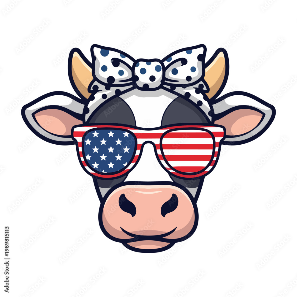 Fototapeta premium Patriotic Cow Face with American Flag Sunglasses – Cute 4th of July Animal Vector Illustration