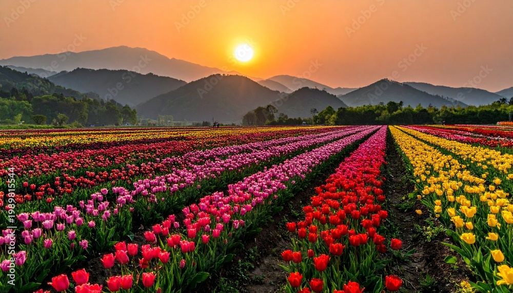 Obraz premium Vast tulip field in neat colorful rows of pink, red, orange, yellow, stretching to misty mountains with golden sunrise, serene landscape blending floral beauty and natural terrain.
