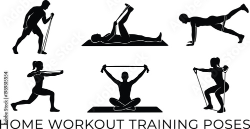 Home workout training poses silhouettes with resistance bands yoga fitness exercises for full body strength routine