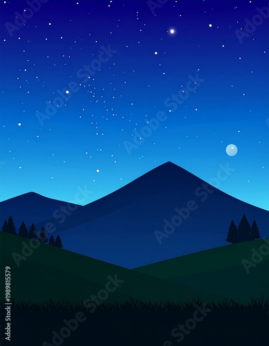 Stylized, layered landscape. Dark mountains under starry, graduated blue night sky with moon