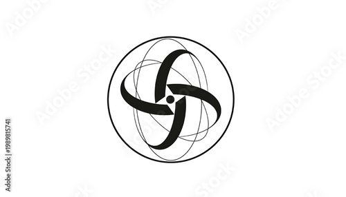 Atom symbol icon with black curved orbit lines and central nucleus on clean white background featuring nuclear physics, atomic model, protons with