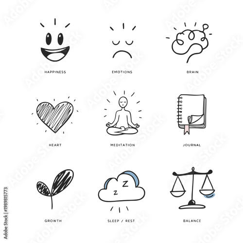 A collection of simple illustrations representing mental wellness concepts