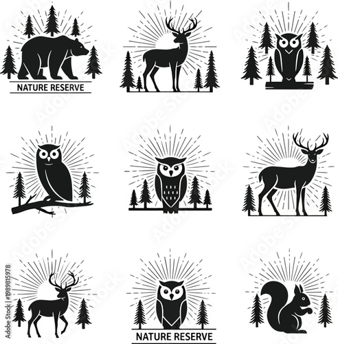 Set of wild animal emblems and badges featuring bear deer owl and squirrel.