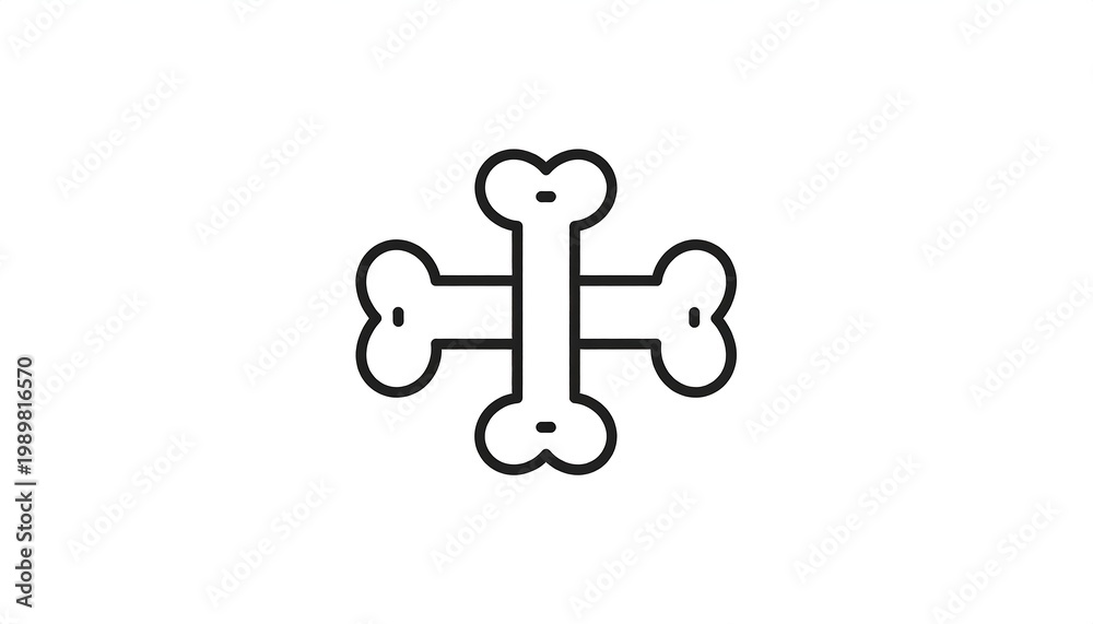 Fototapeta premium Two bones crossed in a plus shape. Thin black outline on white background