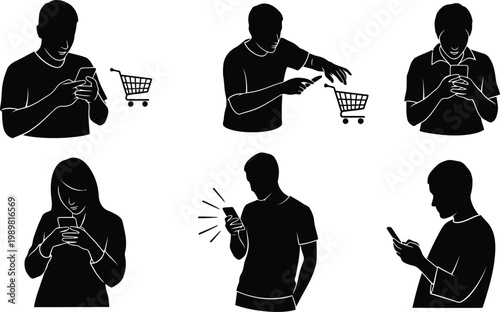 People using smartphones for online shopping communication and social media silhouette vector illustration set isolated on white background